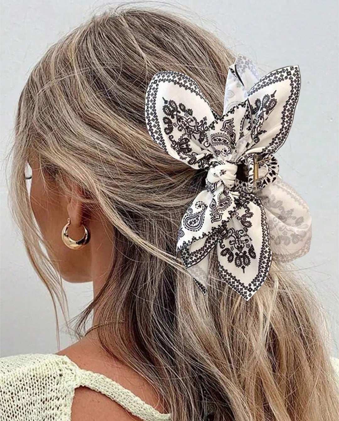 Black Paisley Print Fabric Bow Hair Barrette Clip