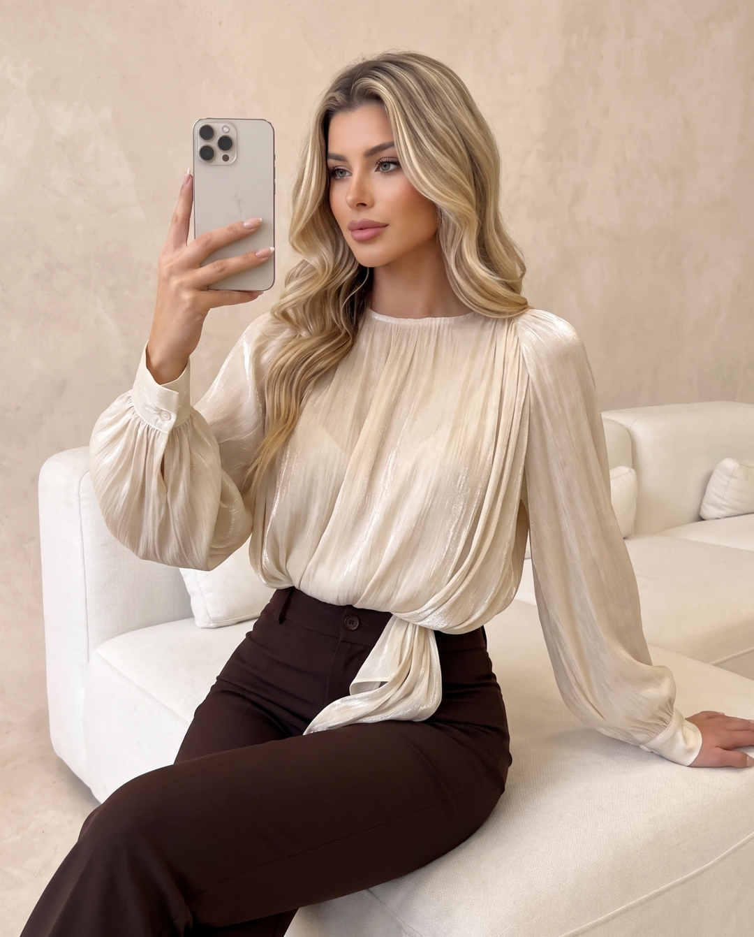 Shiny Satin Side Tie Long Sleeve Blouse