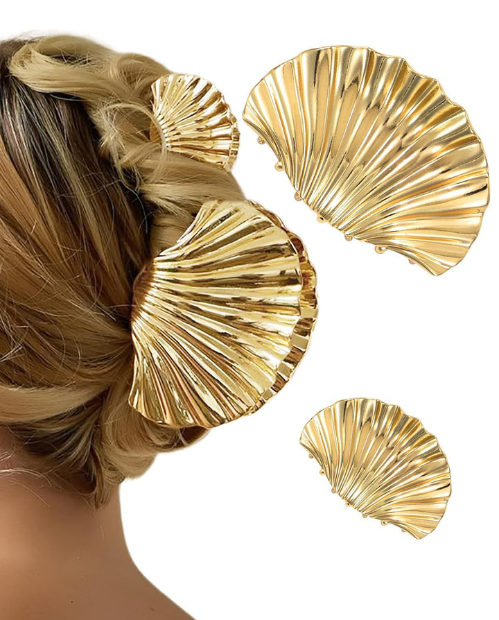 2 Pieces Gold Pleated Fan Shape Hair Claw Clip Set