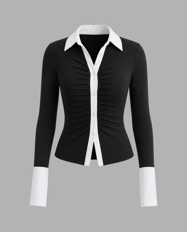 SOLACEContrast Color Detail Long Sleeve Slim Fit Top