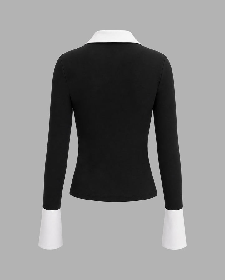 SOLACEContrast Color Detail Long Sleeve Slim Fit Top