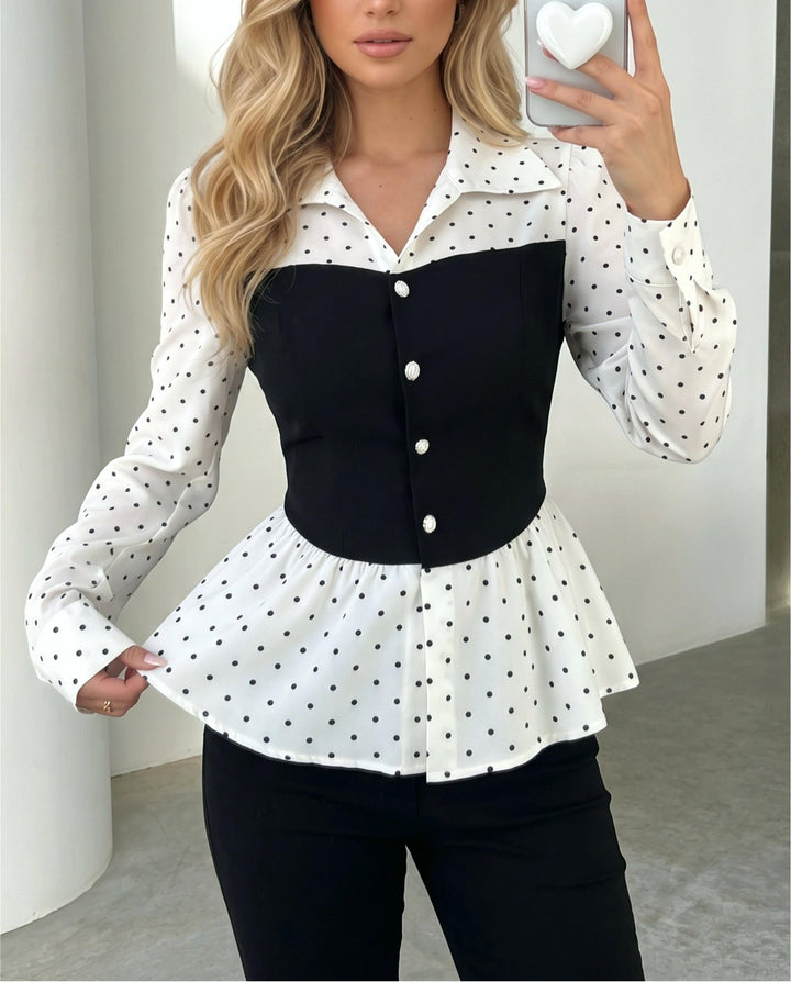 Polka Dot Waist Long Sleeve Slim 2-In-1 Blouse