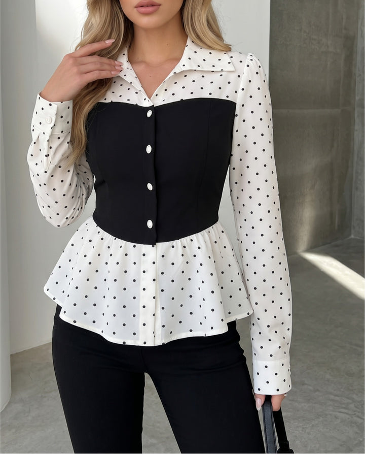 Polka Dot Waist Long Sleeve Slim 2-In-1 Blouse