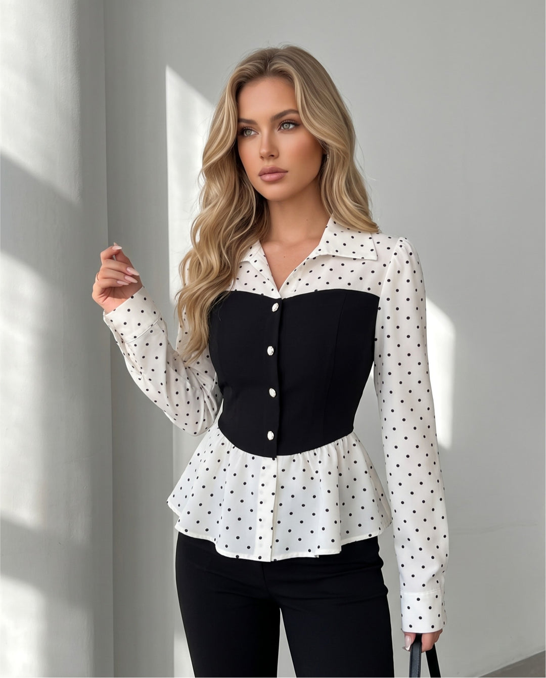 Polka Dot Waist Long Sleeve Slim 2-In-1 Blouse