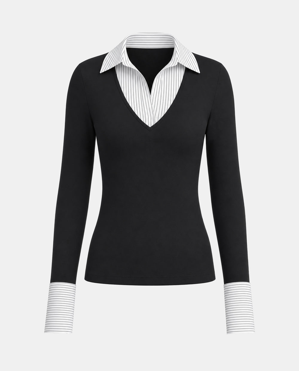 SOLACEWhite Black Stripe Patchwork Collar T-Shirt