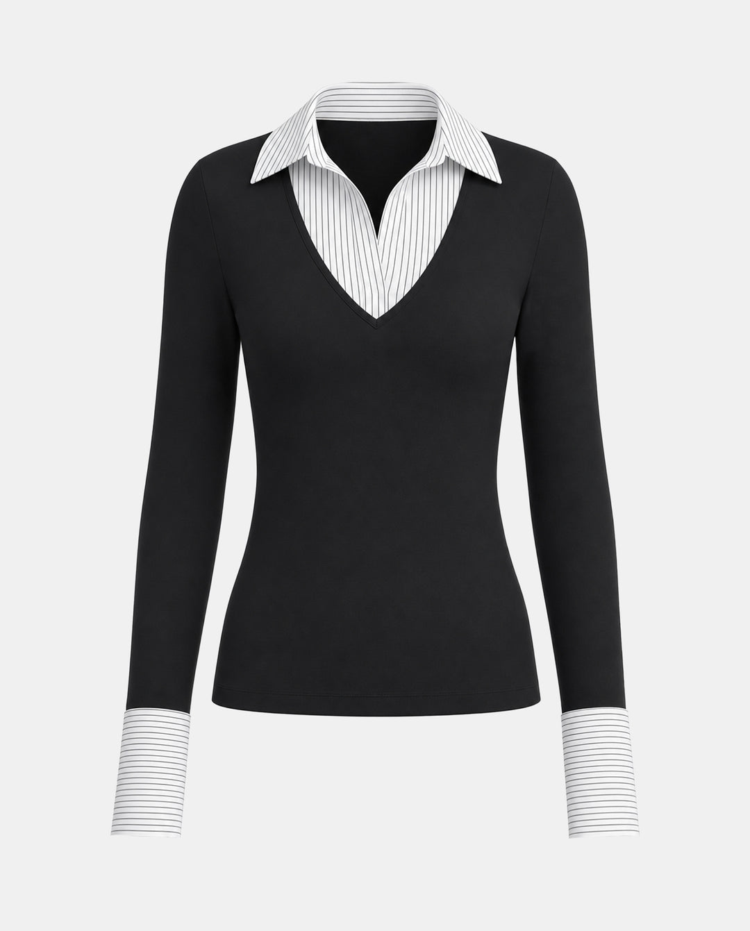 SOLACEWhite Black Stripe Patchwork Collar T-Shirt