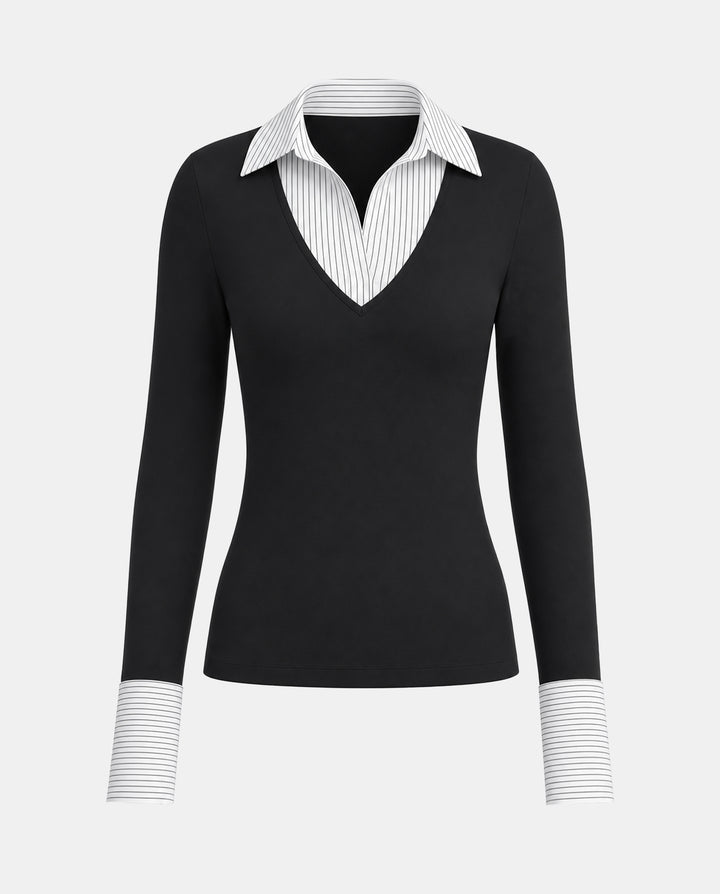 SOLACEWhite Black Stripe Patchwork Collar T-Shirt