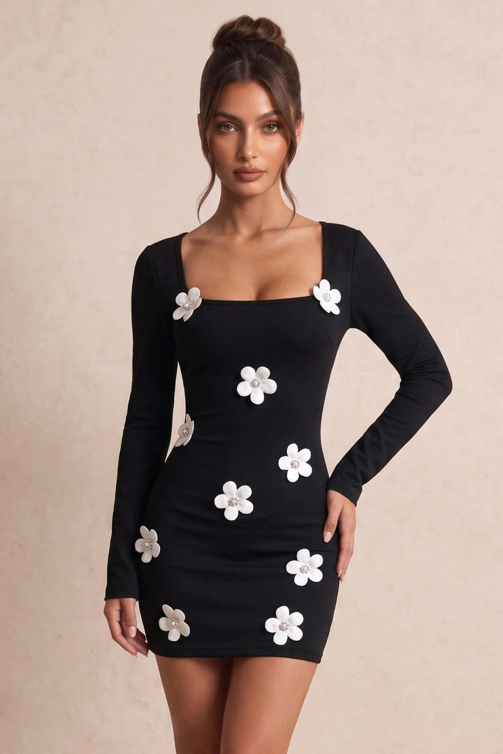 3D Floral Long Sleeve Bodycon Mini Dress