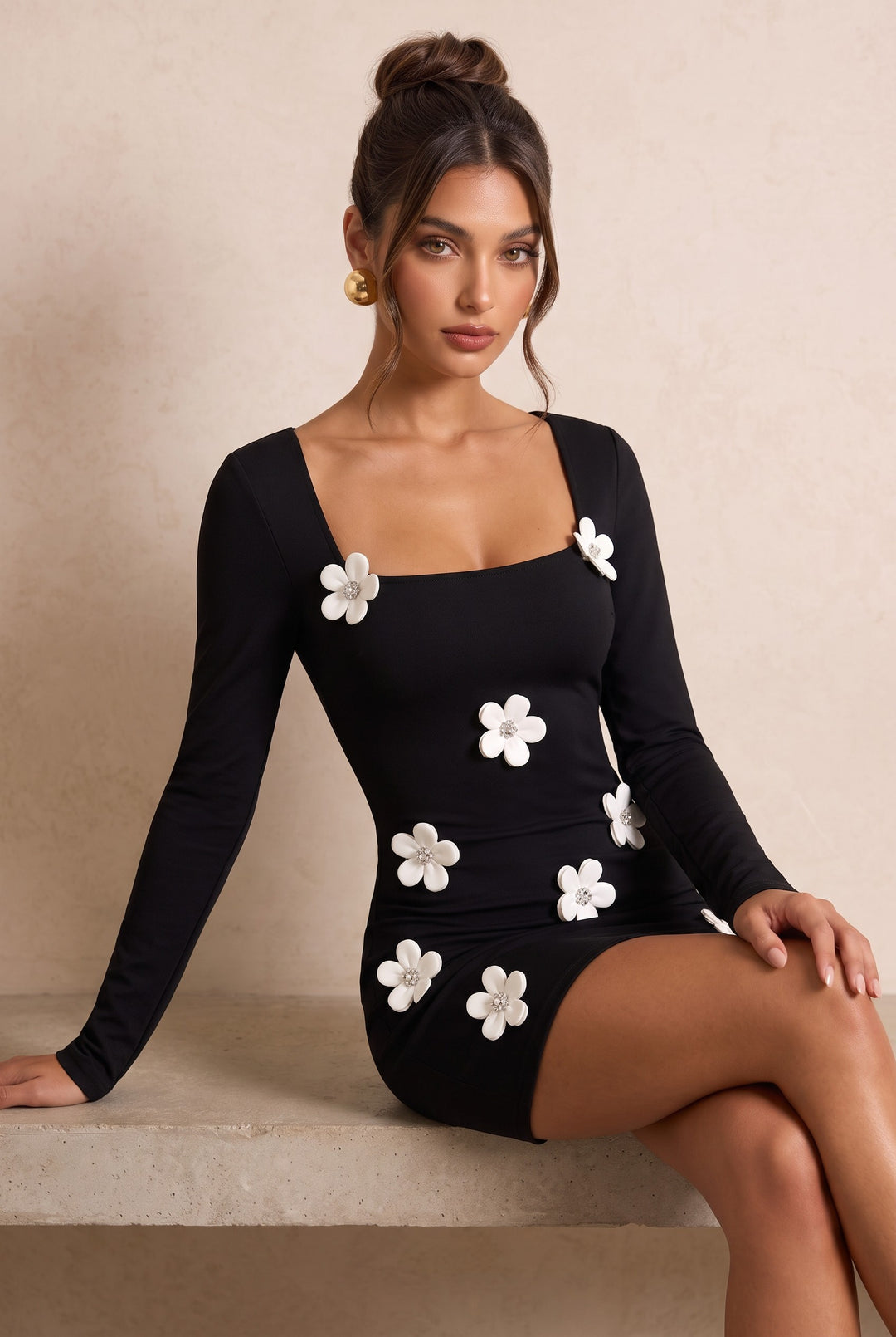3D Floral Long Sleeve Bodycon Mini Dress
