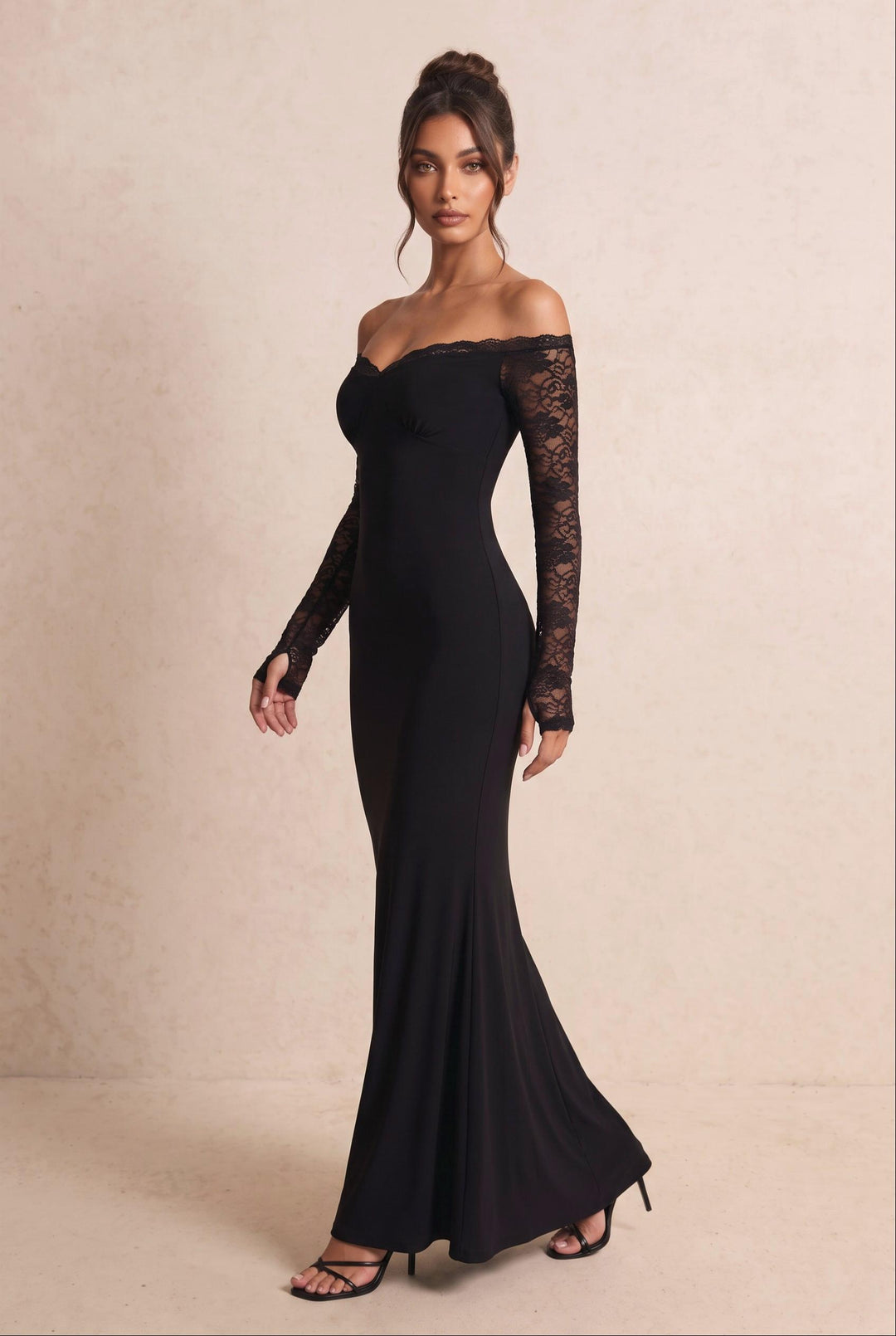 Off-Shoulder Lace Long Sleeve Maxi Dress