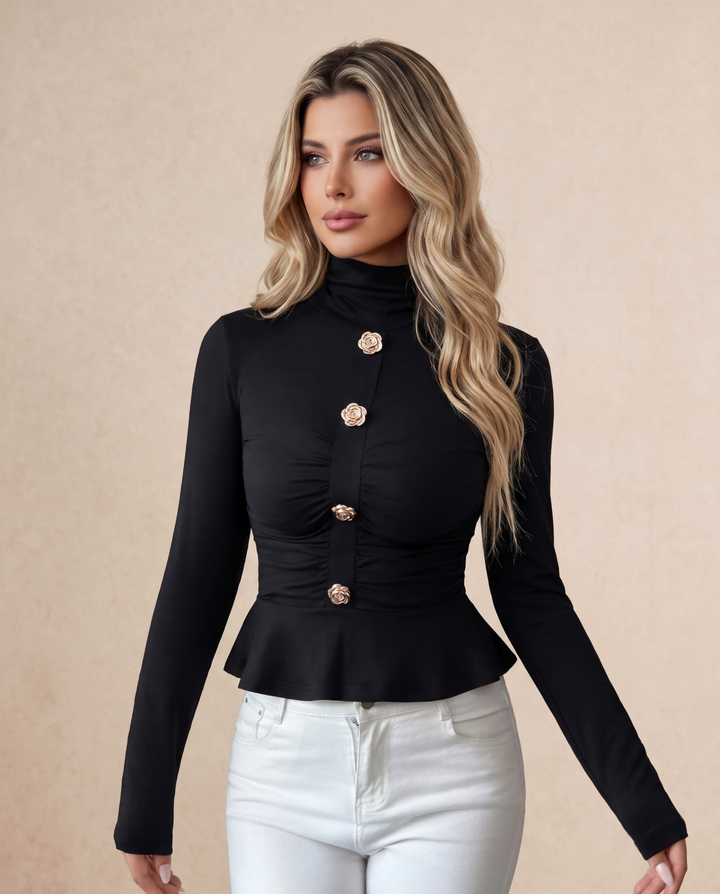 Gold Floral Button Peplum High Neck T-Shirt