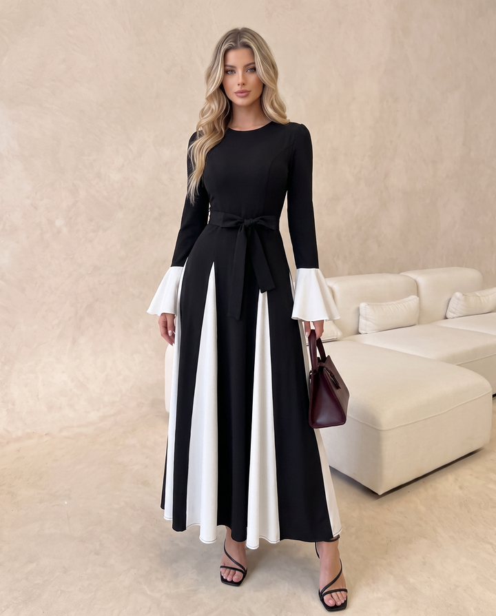 Color Block Flare Sleeve Round Neck Dress
