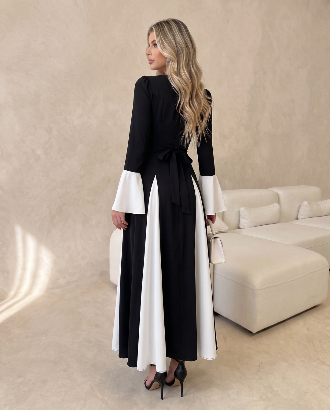 Color Block Flare Sleeve Round Neck Dress