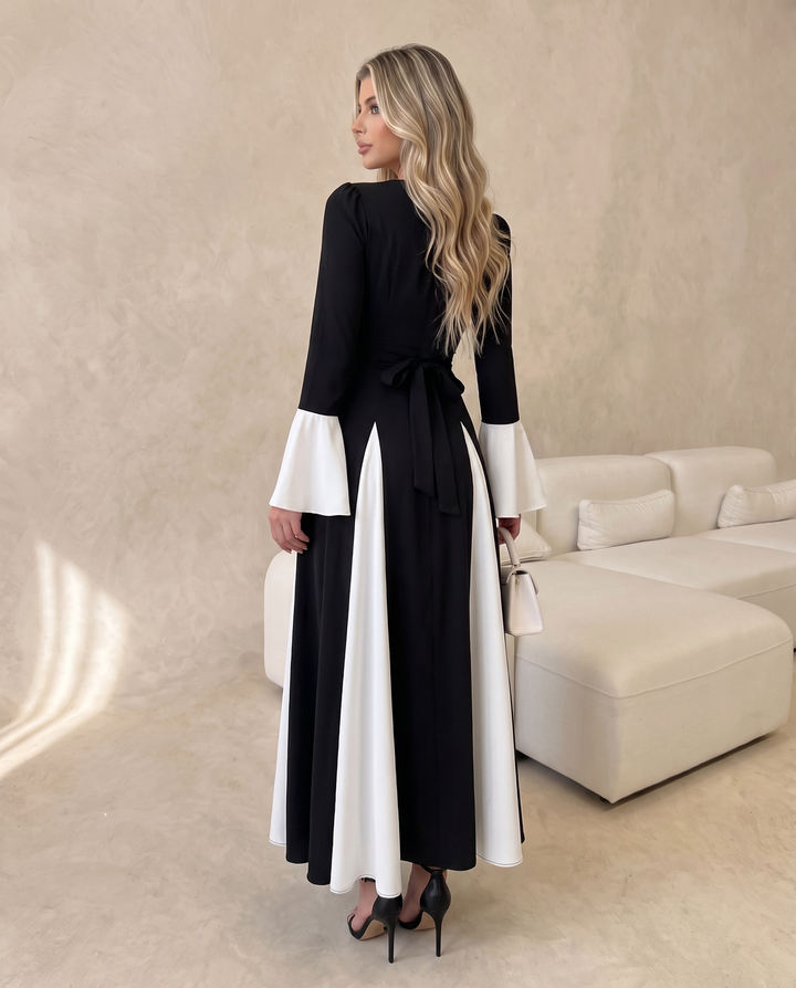 Color Block Flare Sleeve Round Neck Dress