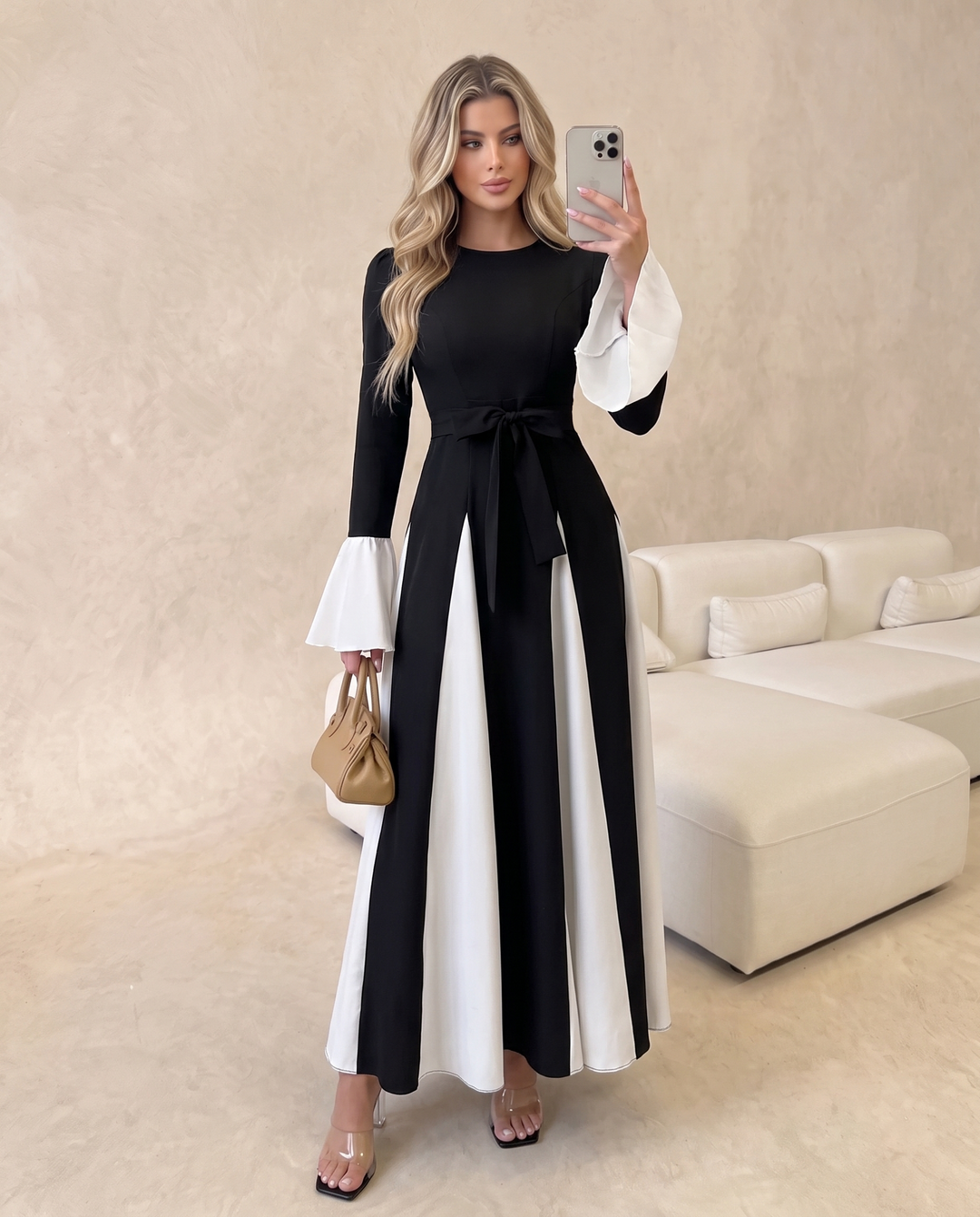 Color Block Flare Sleeve Round Neck Dress