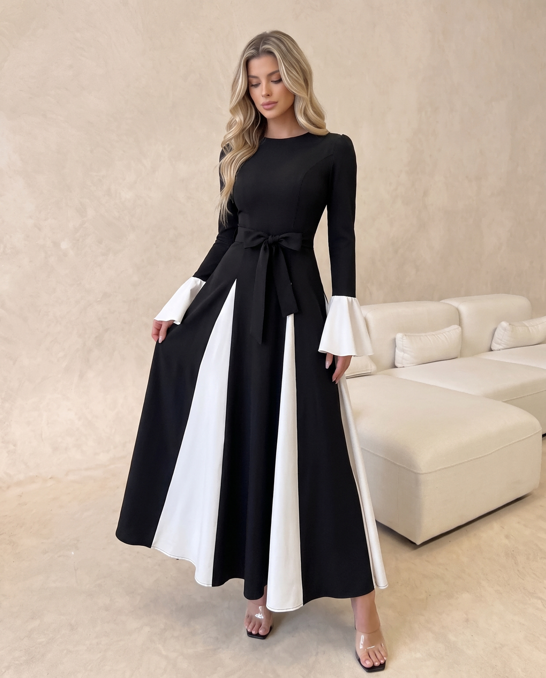 Color Block Flare Sleeve Round Neck Dress