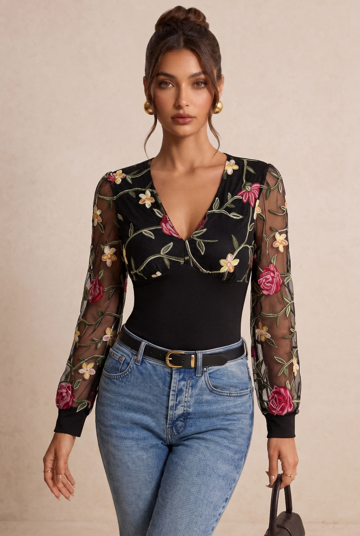 V-Neck Mesh Floral Embroidery Slim Long Sleeve Top