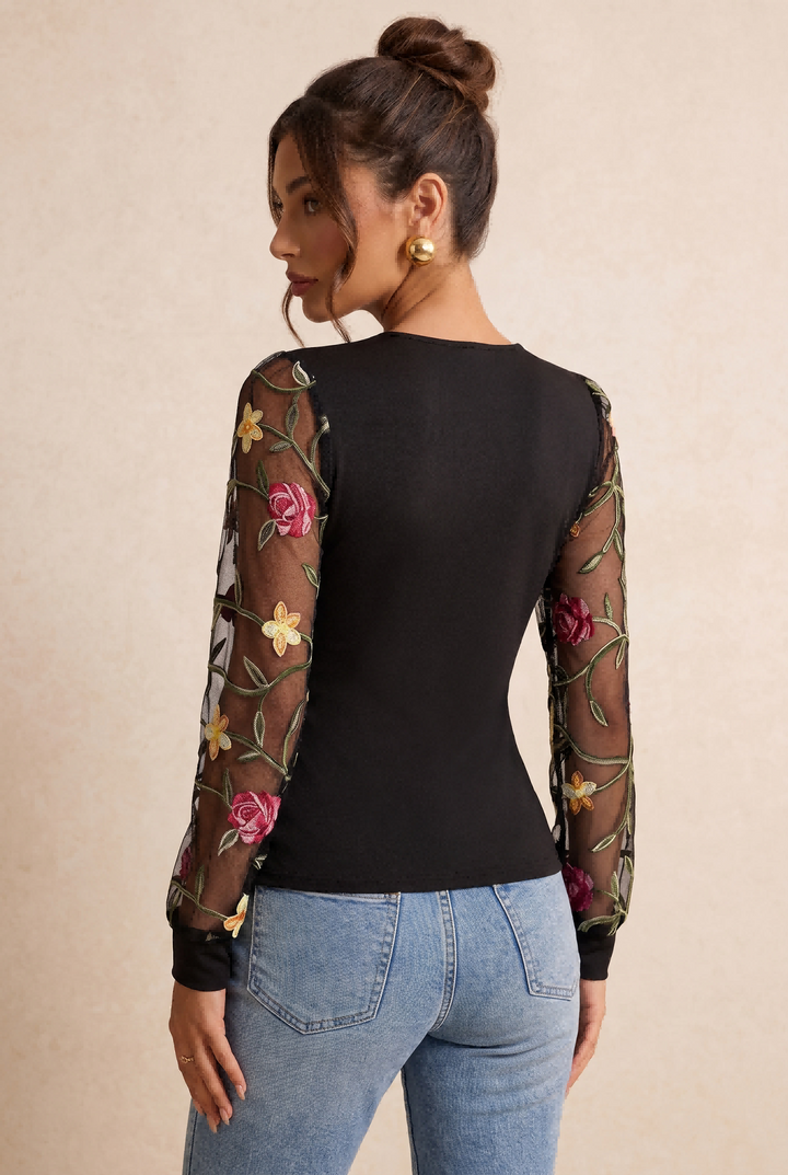 V-Neck Mesh Floral Embroidery Slim Long Sleeve Top