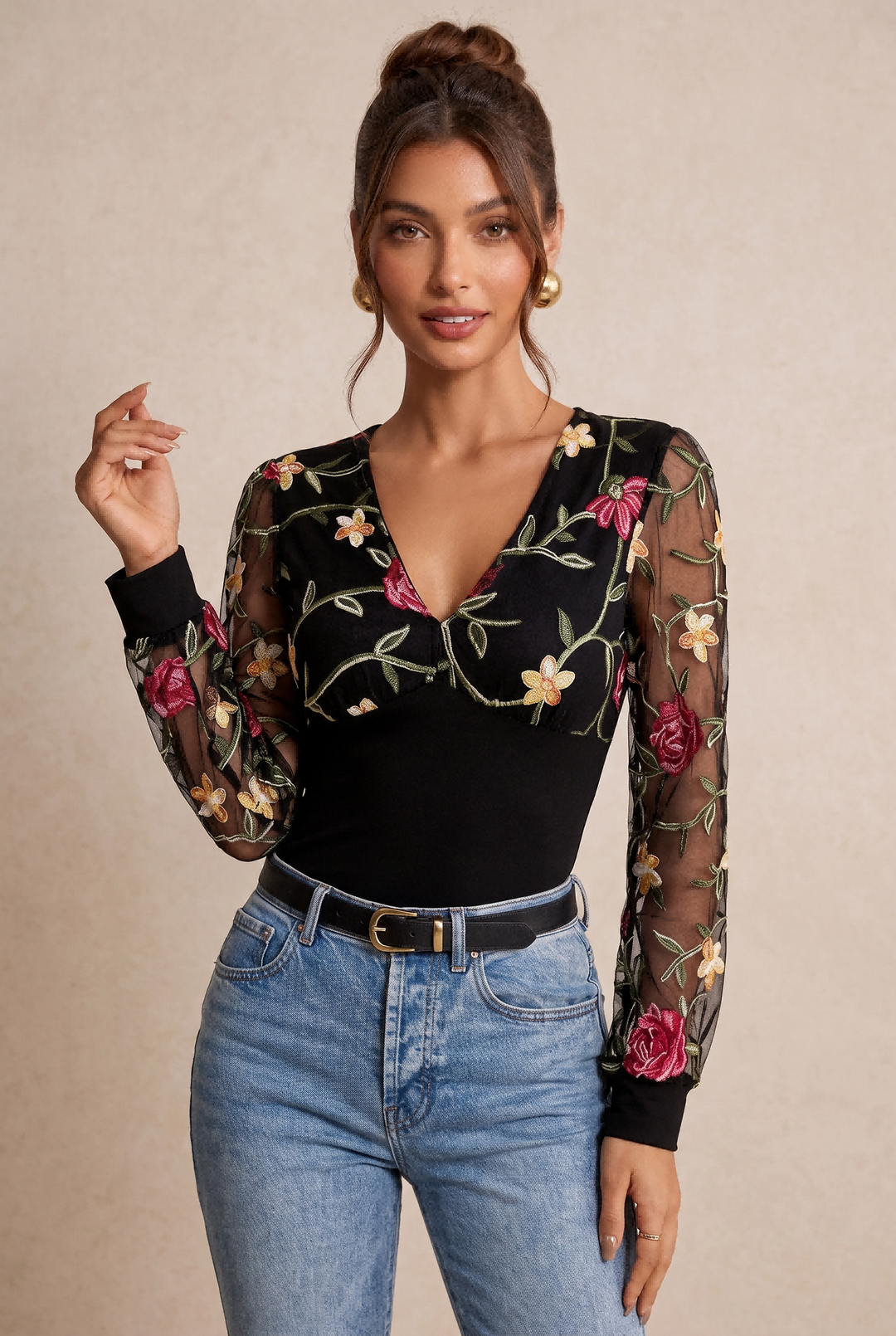 V-Neck Mesh Floral Embroidery Slim Long Sleeve Top