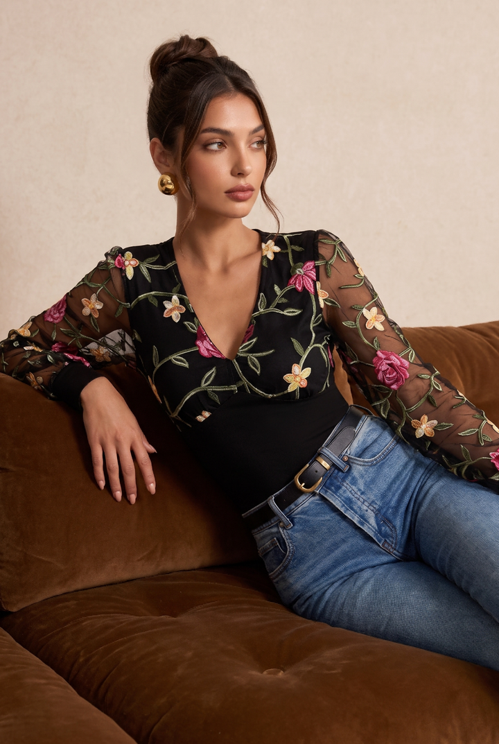 V-Neck Mesh Floral Embroidery Slim Long Sleeve Top