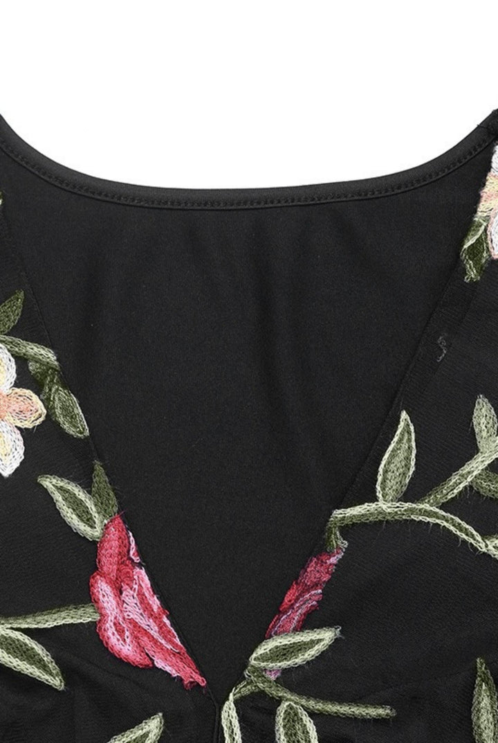 V-Neck Mesh Floral Embroidery Slim Long Sleeve Top