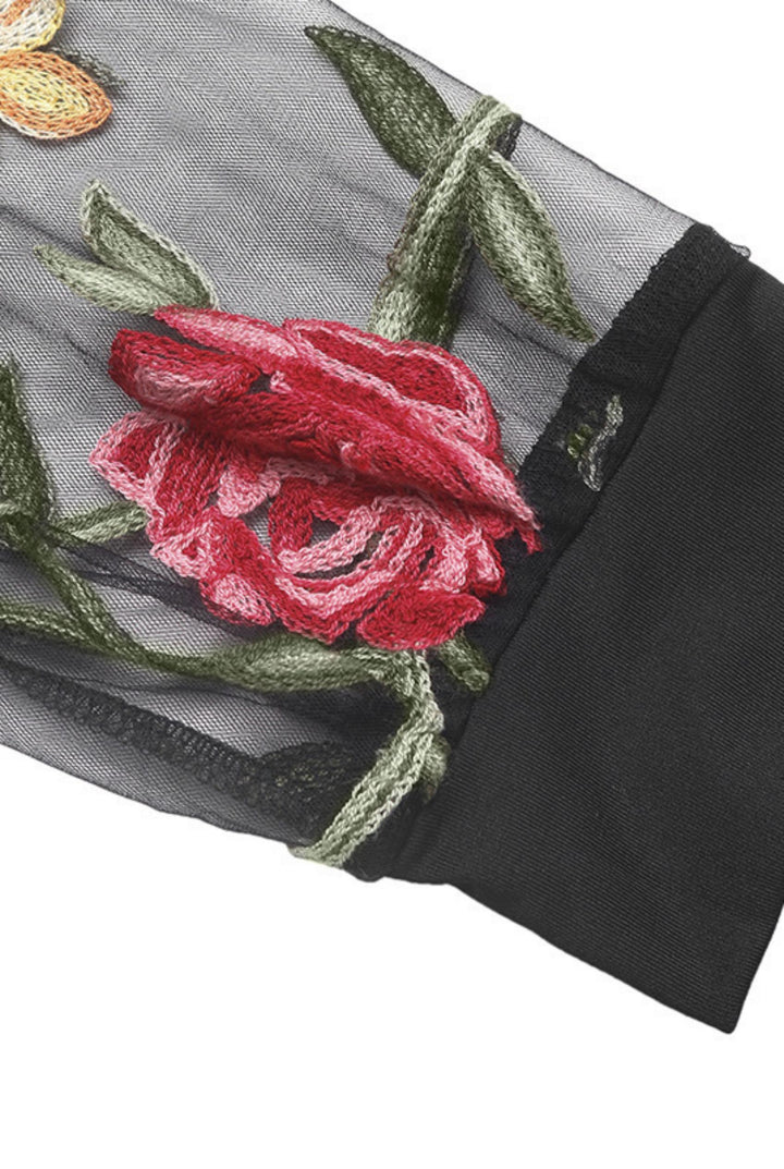 V-Neck Mesh Floral Embroidery Slim Long Sleeve Top