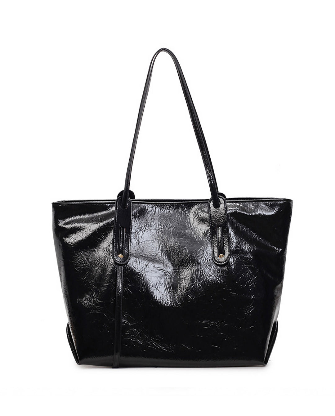 Black Crinkled Patent Large Capacity Tote Bag Casual Shoulder Handbag