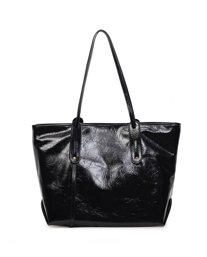 Black Crinkled Patent Large Capacity Tote Bag Casual Shoulder Handbag