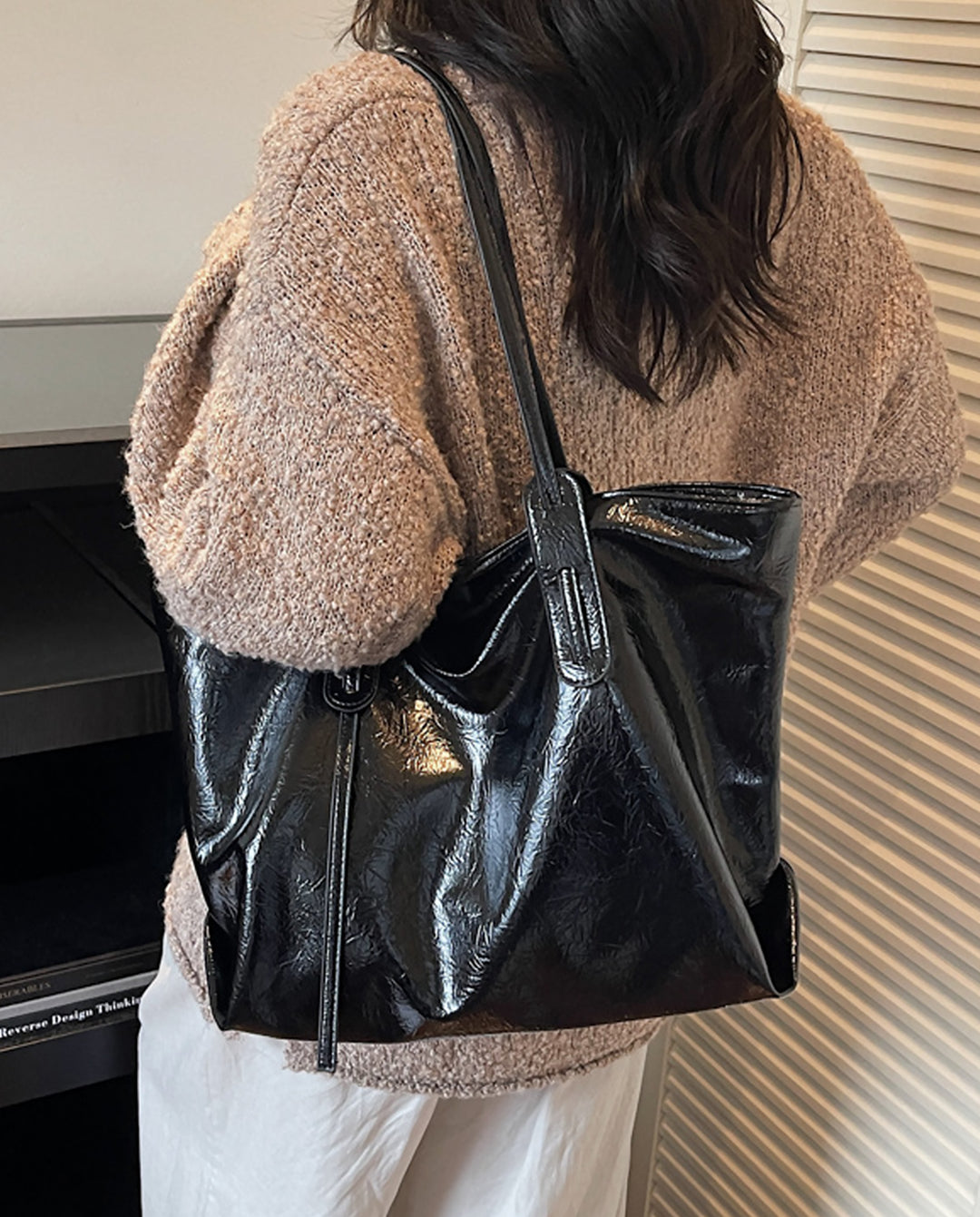 Black Crinkled Patent Large Capacity Tote Bag Casual Shoulder Handbag