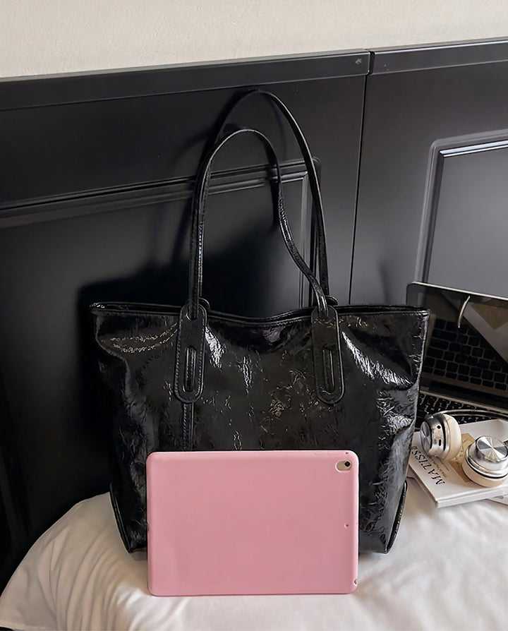 Black Crinkled Patent Large Capacity Tote Bag Casual Shoulder Handbag