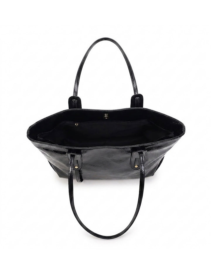 Black Crinkled Patent Large Capacity Tote Bag Casual Shoulder Handbag