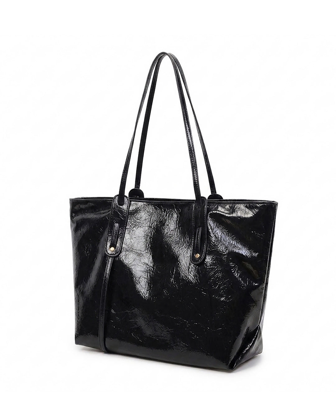 Black Crinkled Patent Large Capacity Tote Bag Casual Shoulder Handbag