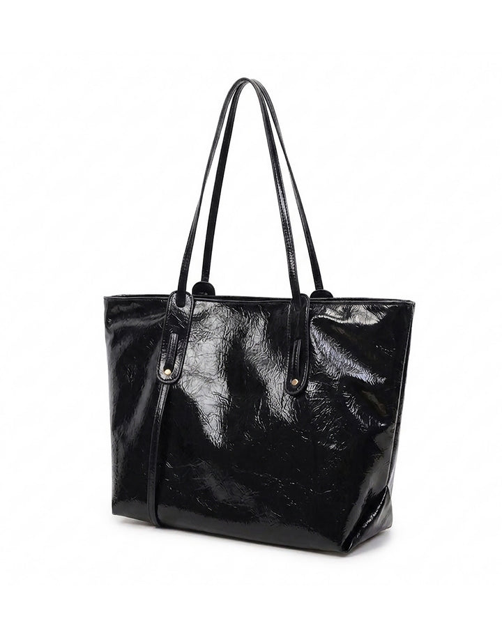 Black Crinkled Patent Large Capacity Tote Bag Casual Shoulder Handbag