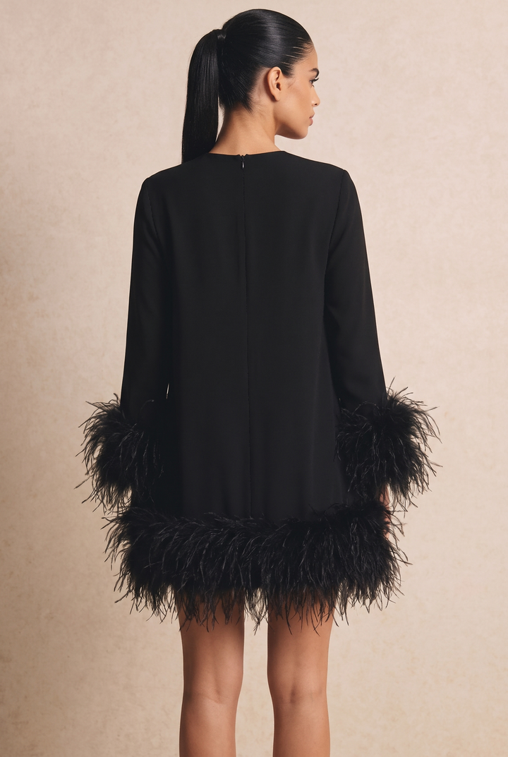 Black Feather Trim Long Sleeve Straight Mini Dress