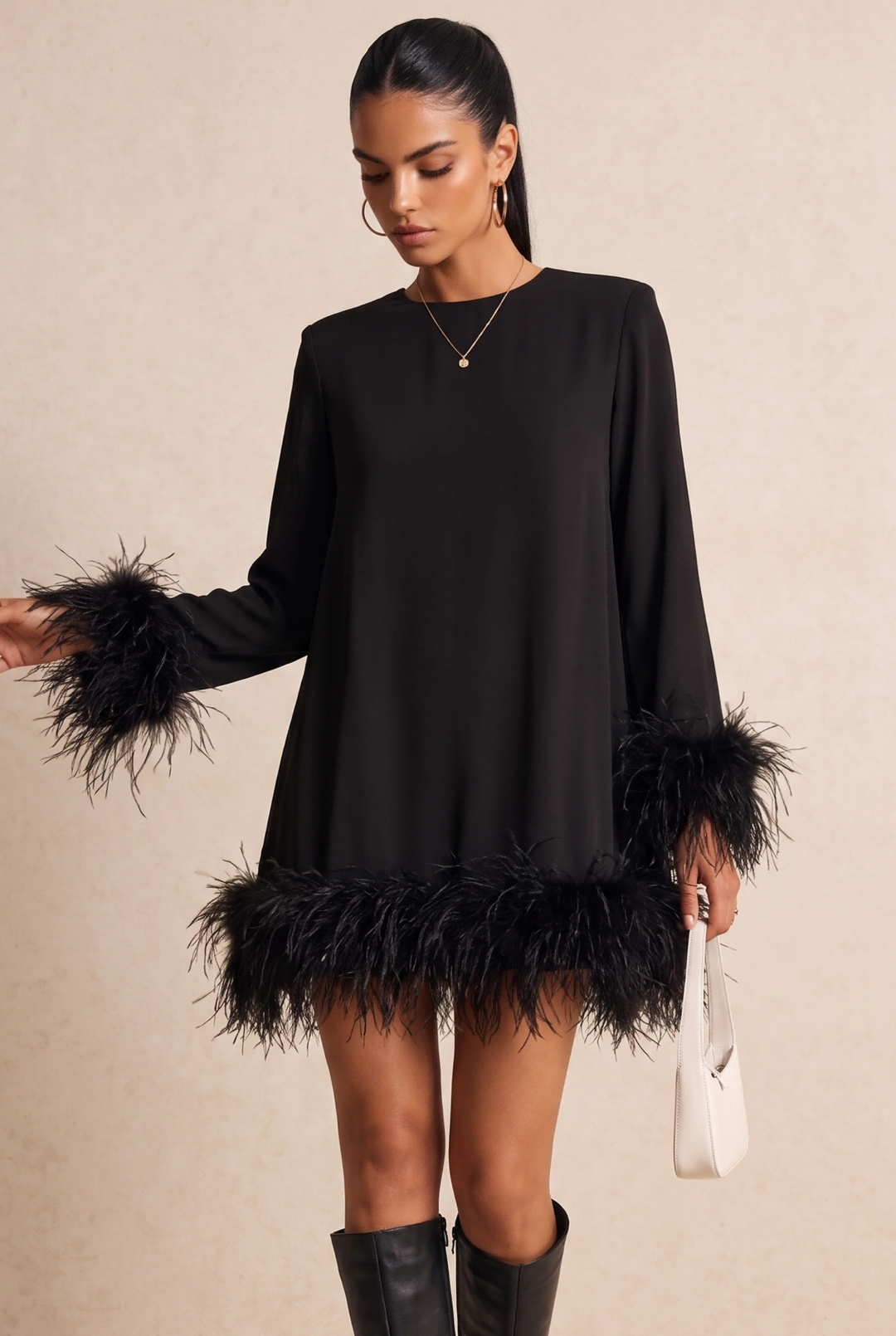 Black Feather Trim Long Sleeve Straight Mini Dress