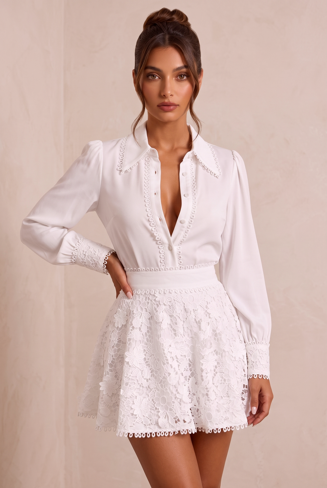SOLACECutwork Lace Puff Sleeve Two Piece Skirt Set