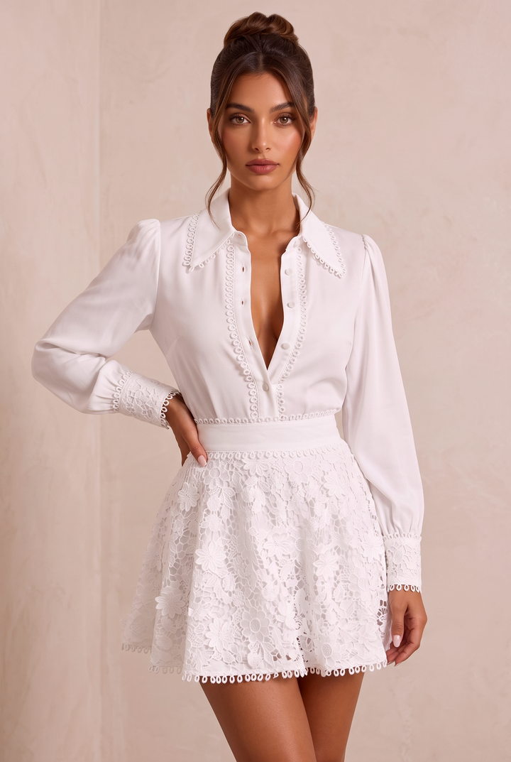 SOLACECutwork Lace Puff Sleeve Two Piece Skirt Set