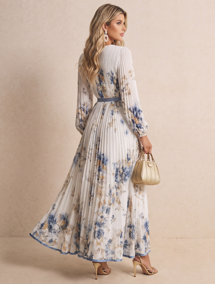 Pleated Floral Print Deep V‑Neck Maxi Dress