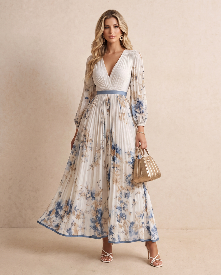 Pleated Floral Print Deep V‑Neck Maxi Dress