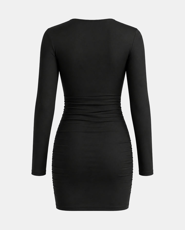 Wave Collar Ruched Long Sleeve Mini Dress