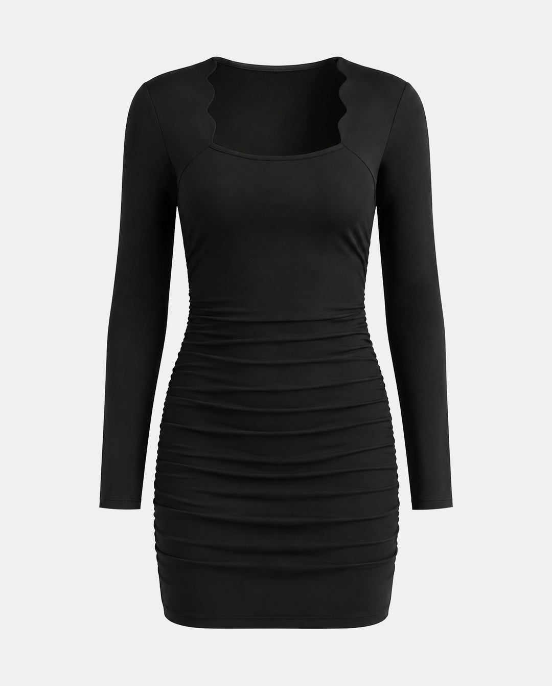 Wave Collar Ruched Long Sleeve Mini Dress