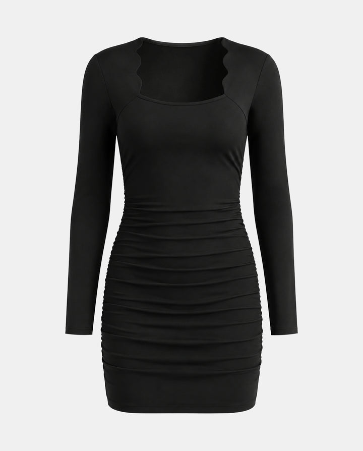 Wave Collar Ruched Long Sleeve Mini Dress