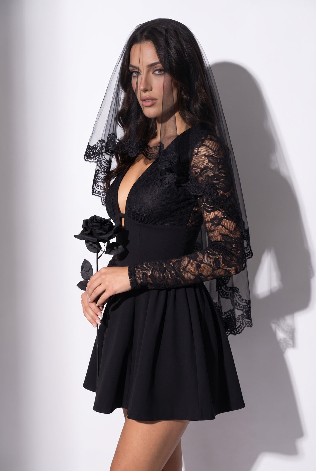 SOLACELace Long Sleeve Deep V‑Neck A‑Line Mini Dress