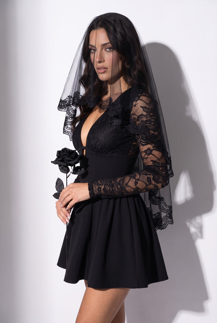 SOLACELace Long Sleeve Deep V‑Neck A‑Line Mini Dress