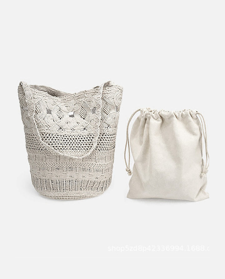 Off White Hollow Crochet Woven Tote Bag Bohemian Beach Shoulder Handbag