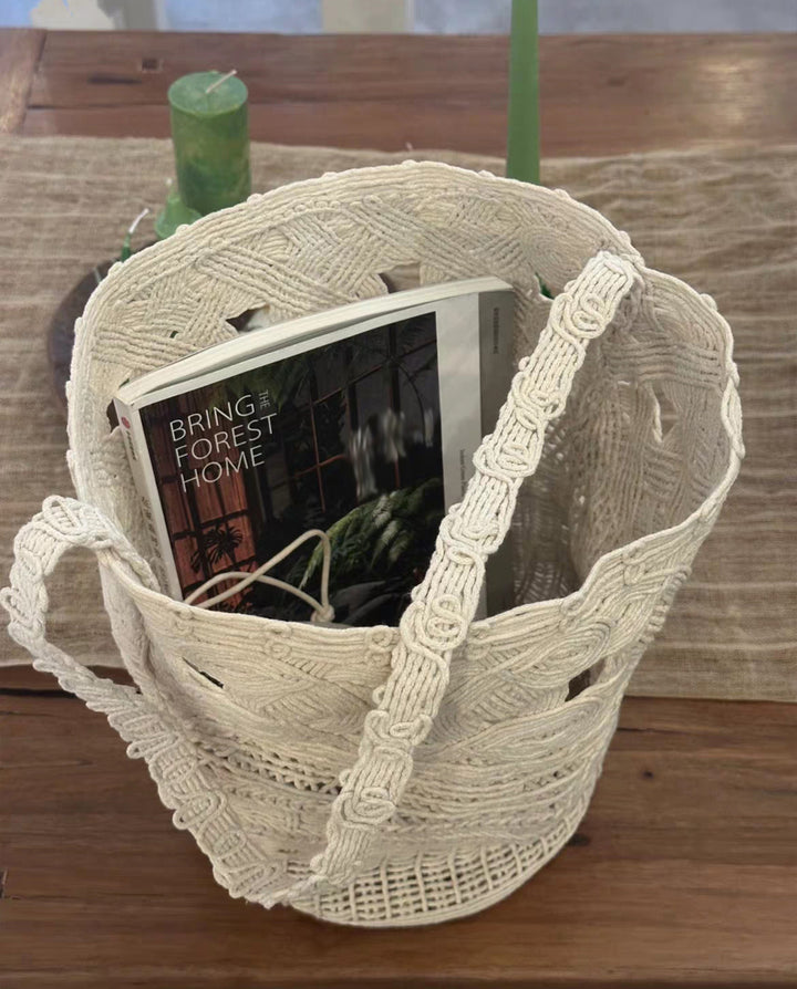 Off White Hollow Crochet Woven Tote Bag Bohemian Beach Shoulder Handbag