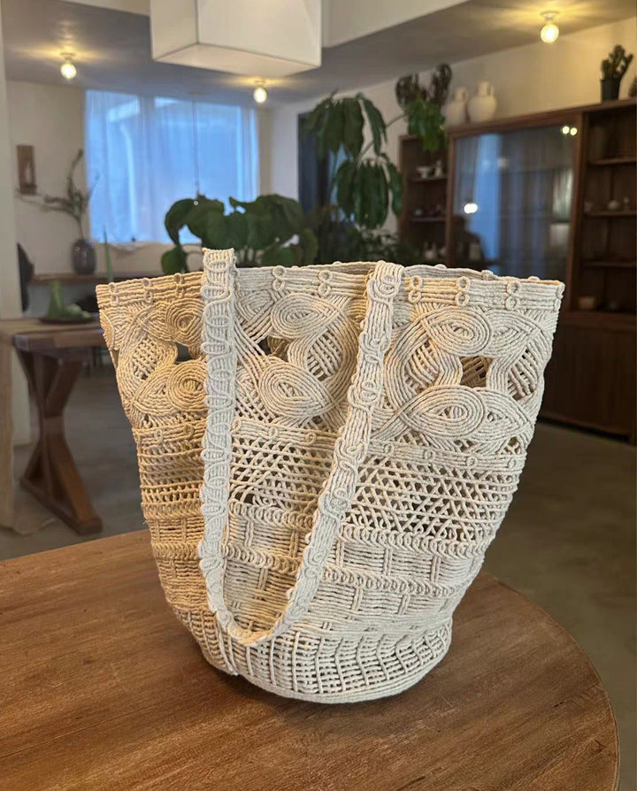Off White Hollow Crochet Woven Tote Bag Bohemian Beach Shoulder Handbag