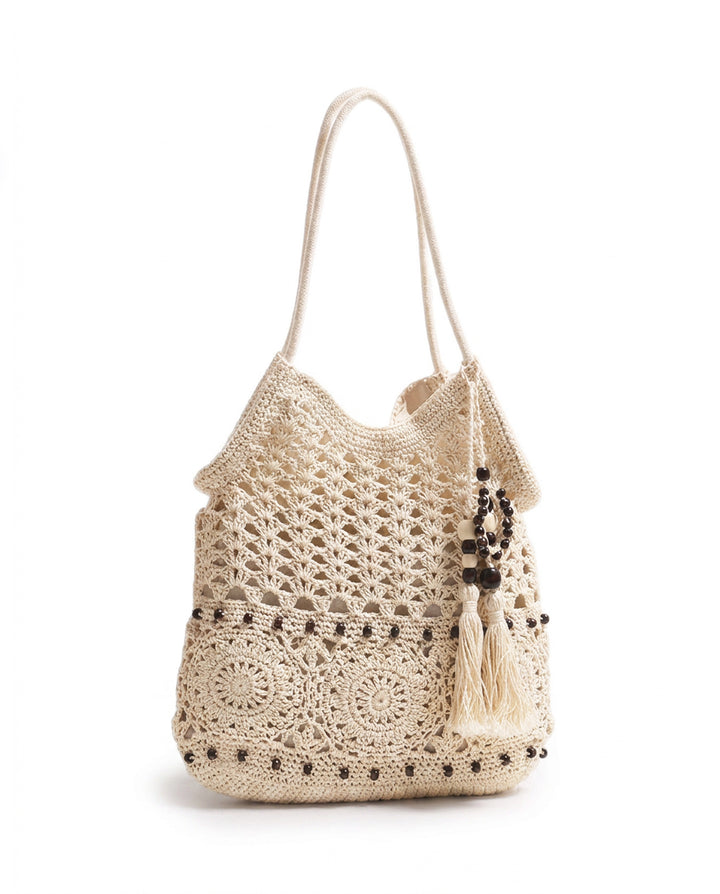 Beige Hollow Crochet Hobo Shoulder Bag With Wooden Bead Tassel Boho Woven Handbag