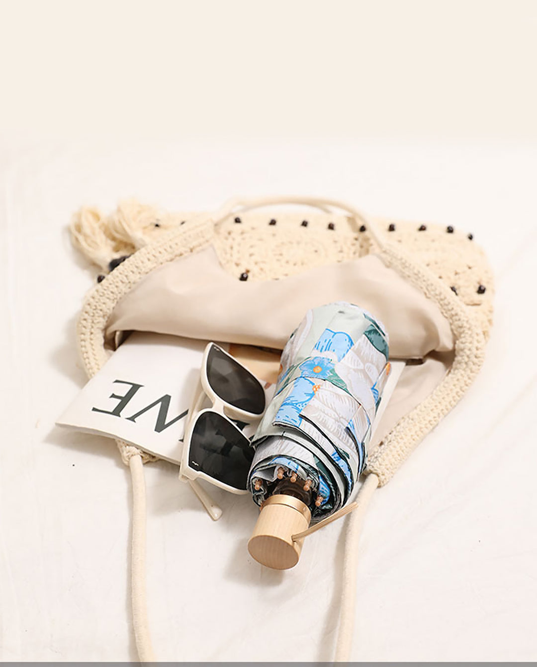 Beige Hollow Crochet Hobo Shoulder Bag With Wooden Bead Tassel Boho Woven Handbag