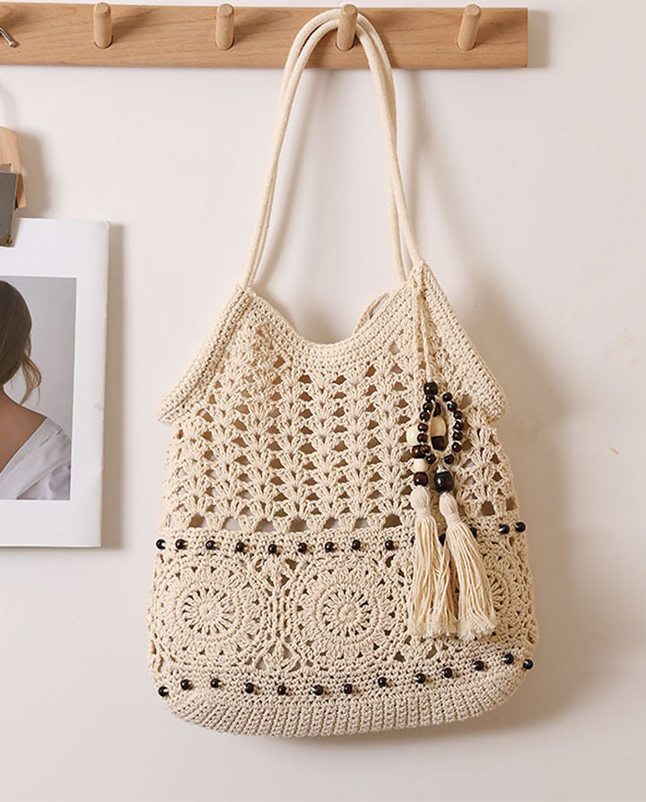 Beige Hollow Crochet Hobo Shoulder Bag With Wooden Bead Tassel Boho Woven Handbag